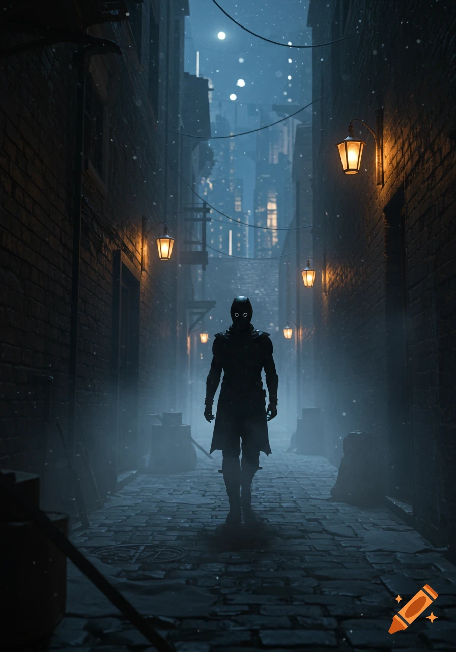 A mysterious figure in a dark costume stands in a foggy, snow-covered alley lit by street lamps at night.