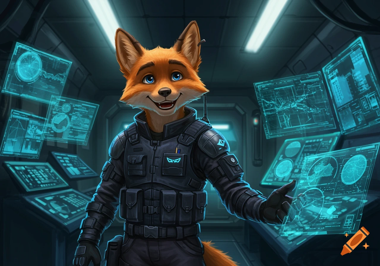 A smiling anthropomorphic fox in a tactical uniform stands in a futuristic control room, interacting with glowing holographic screens. Digital art.