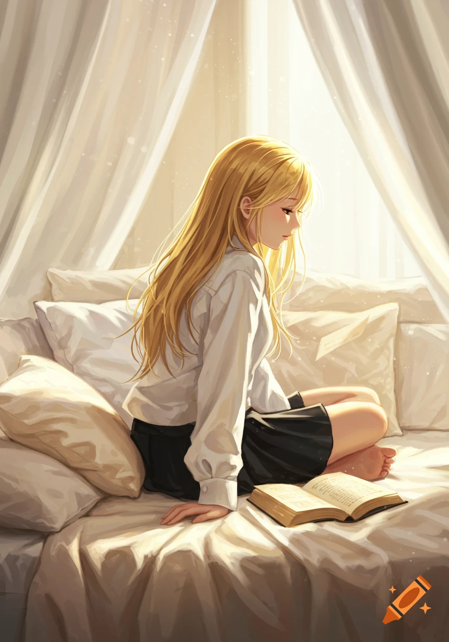 Anime-style illustration of a blonde girl sitting on a bed, illuminated by sunlight, reading an open book.