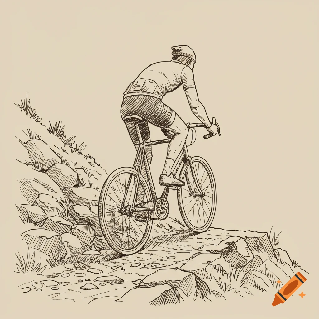 Vintage hand drawing of a cyclist on a bike with knobby tires, riding up a rocky hill.