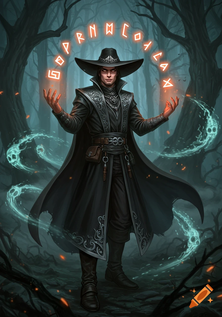 A male magician in a black gothic robe and wide-brimmed hat stands in a dark forest, hands glowing with magical runes.