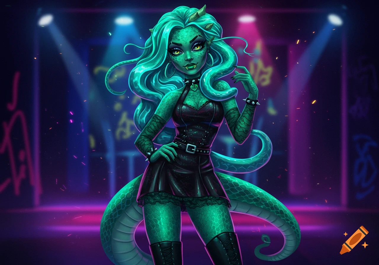 A stylized green reptilian woman with teal hair, a black dress, and boots, standing in a neon-lit club.