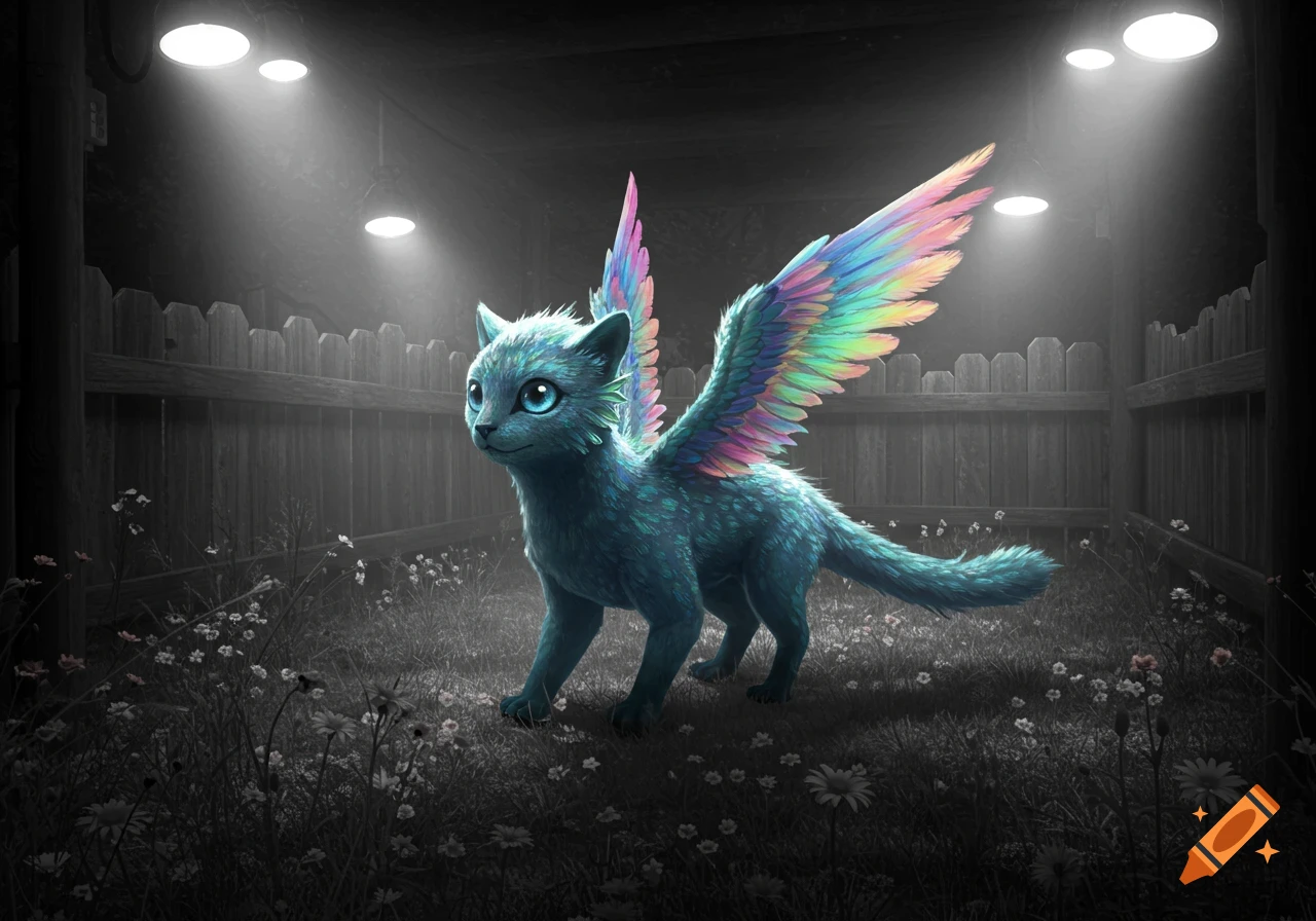 A blue-green cat with vibrant rainbow wings stands in a grassy pen under spotlights at night.