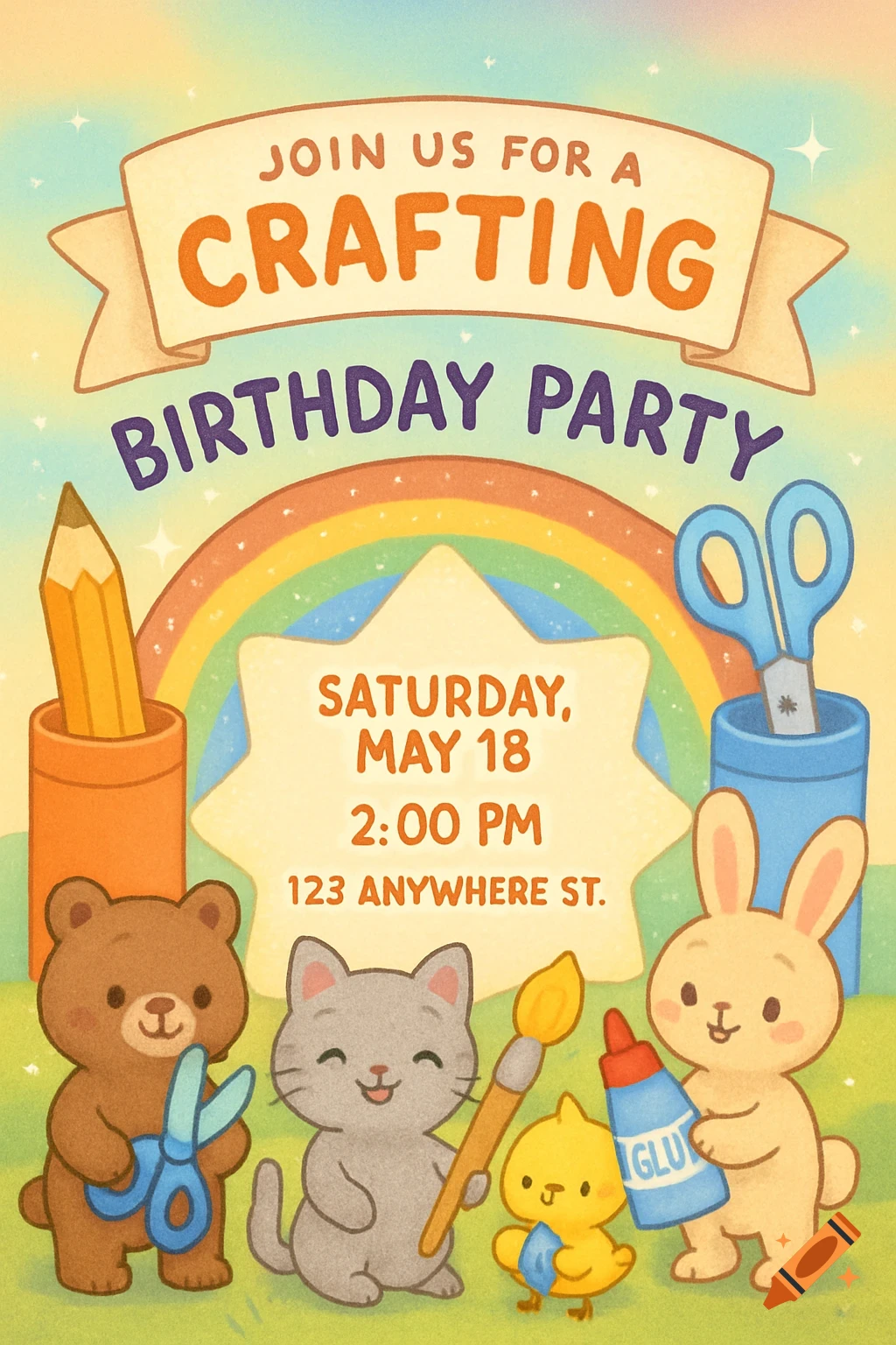 A colorful cartoon invitation for a crafting birthday party featuring cute animals holding art supplies. It reads "JOIN US FOR A CRAFTING BIRTHDAY PARTY" with date, time, and address details.