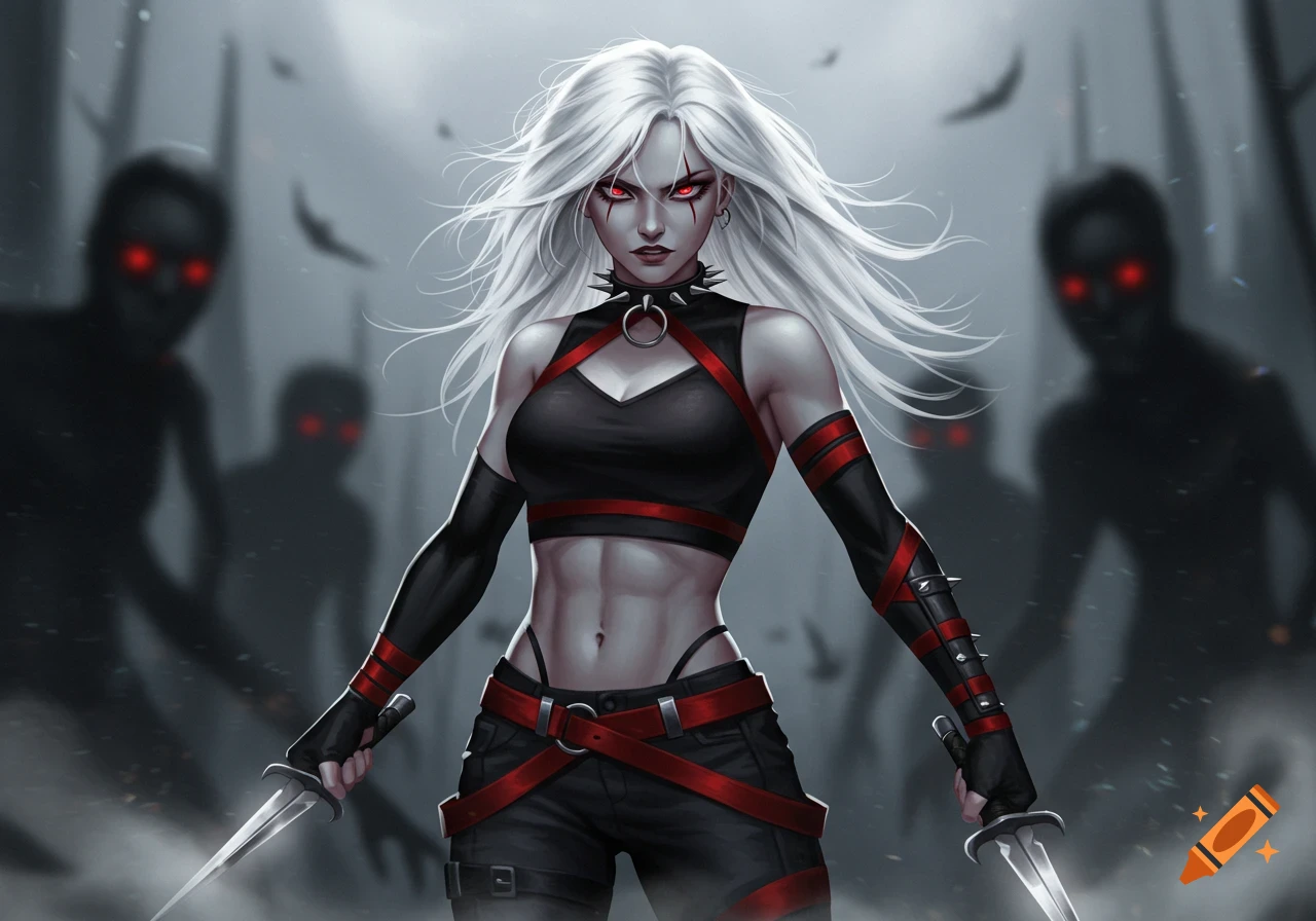 Digital art of a fierce white-haired warrior with red eyes, holding daggers, against a dark, misty background with shadowy figures.