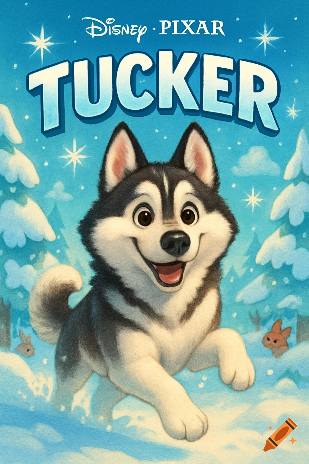 Cartoon movie poster of a happy husky dog in a snowy forest, with the title 'Disney Pixar Tucker'.
