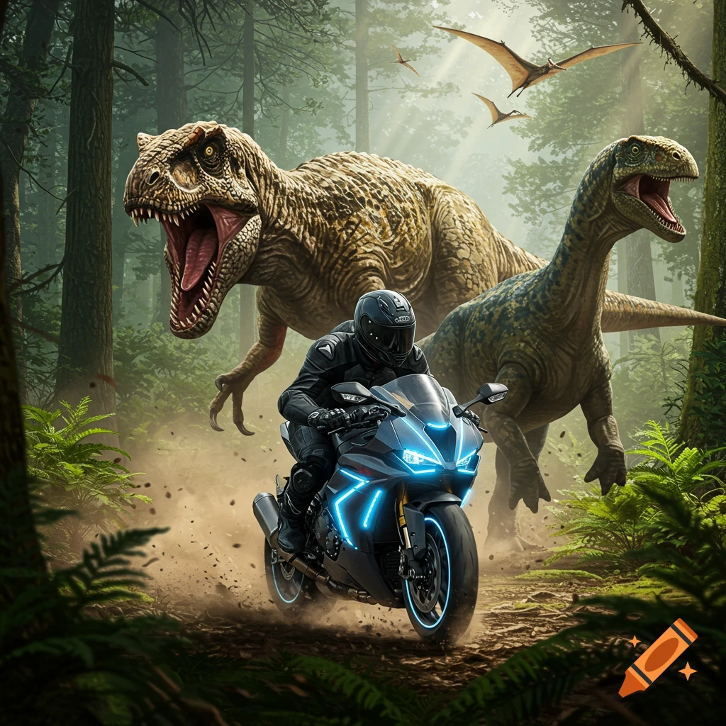 A person on a futuristic motorcycle races through a dense forest, chased by a T-Rex and another dinosaur, with pterodactyls flying overhead, photorealistic.