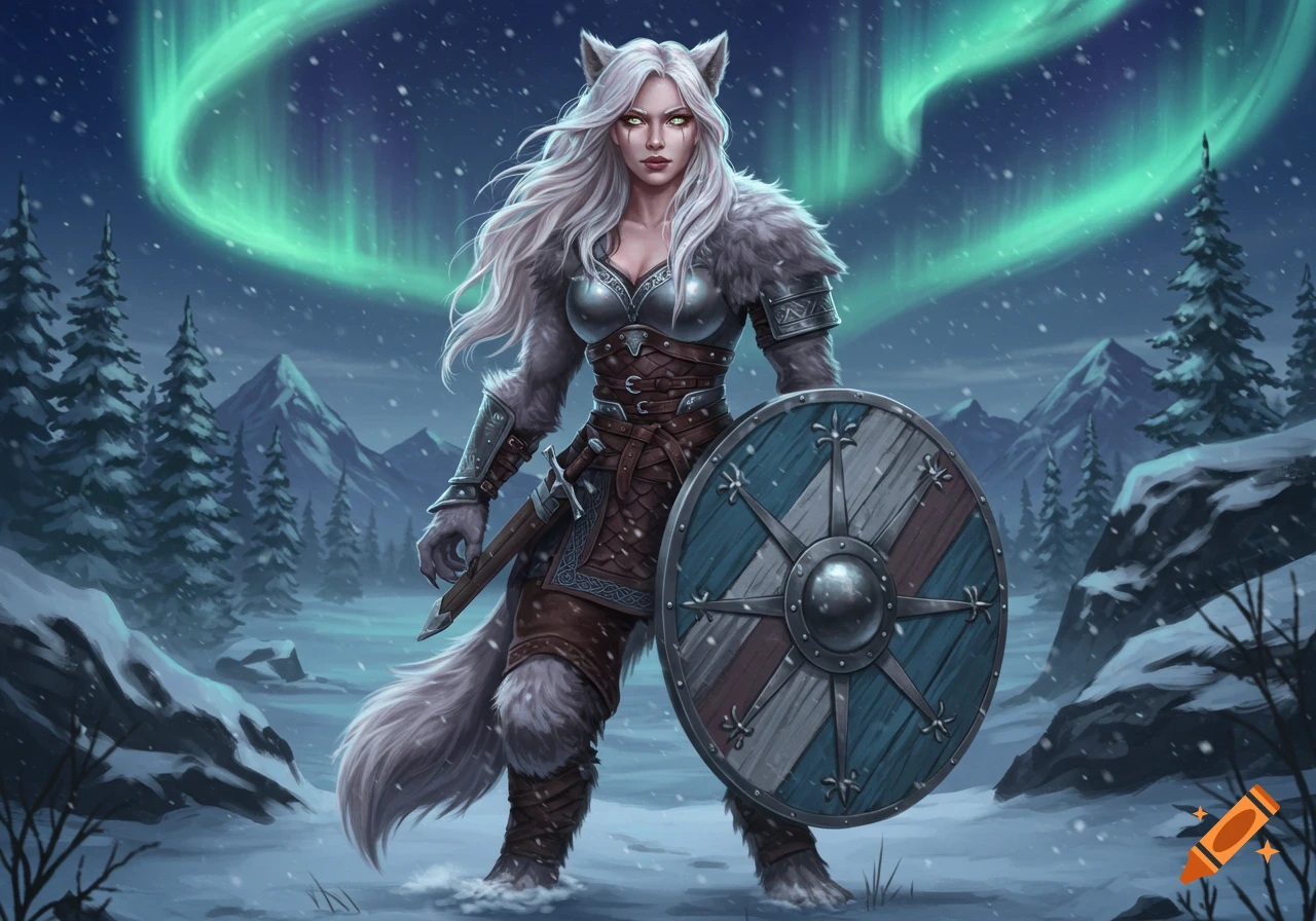 A powerful human-werewolf hybrid viking shield maiden with white hair and fur armor stands in snowy mountains under a vibrant aurora.