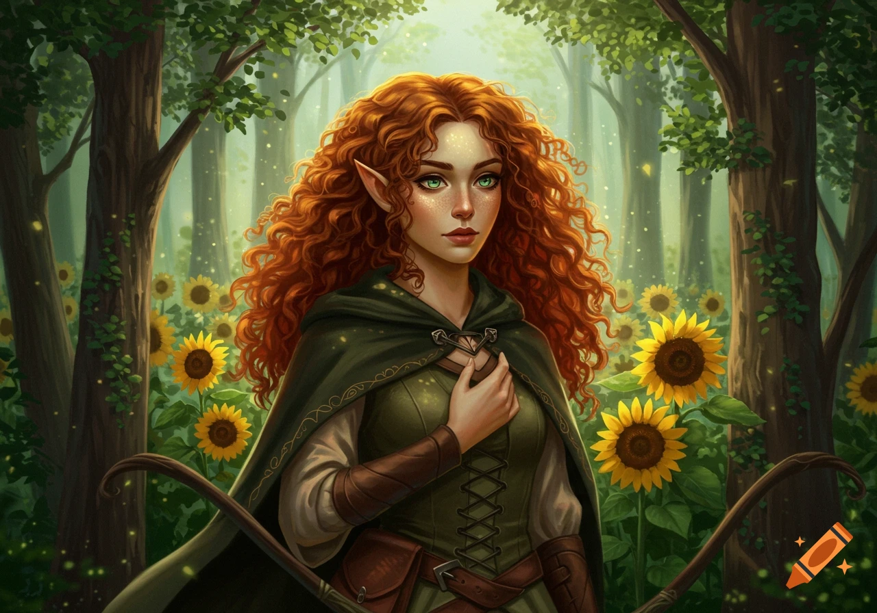 A high elf ranger with auburn curly hair and green eyes, wearing a dark green cape, stands in a fantasy forest with sunflowers.