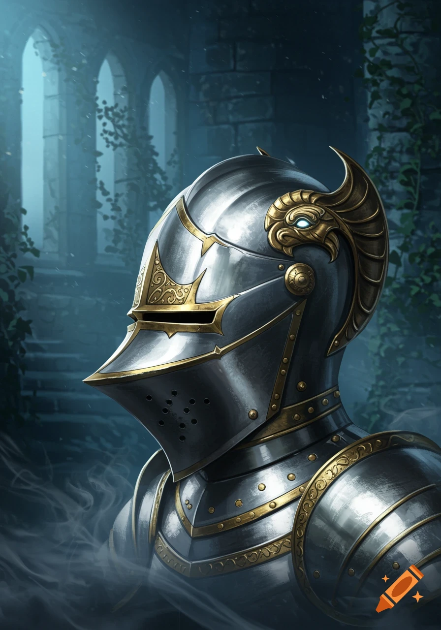 Close-up of a detailed silver knight's helmet with gold accents and a glowing blue eye design, against a dark, vine-covered ruin.