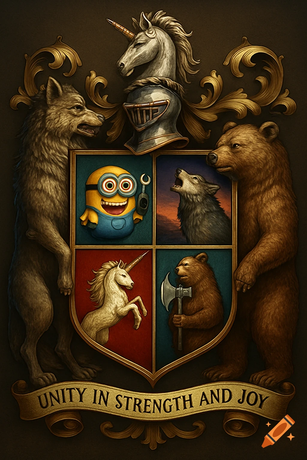 A detailed crest-style coat of arms featuring a Minion, wolf, unicorn, and bear, with a banner reading 'Unity in Strength and Joy.'