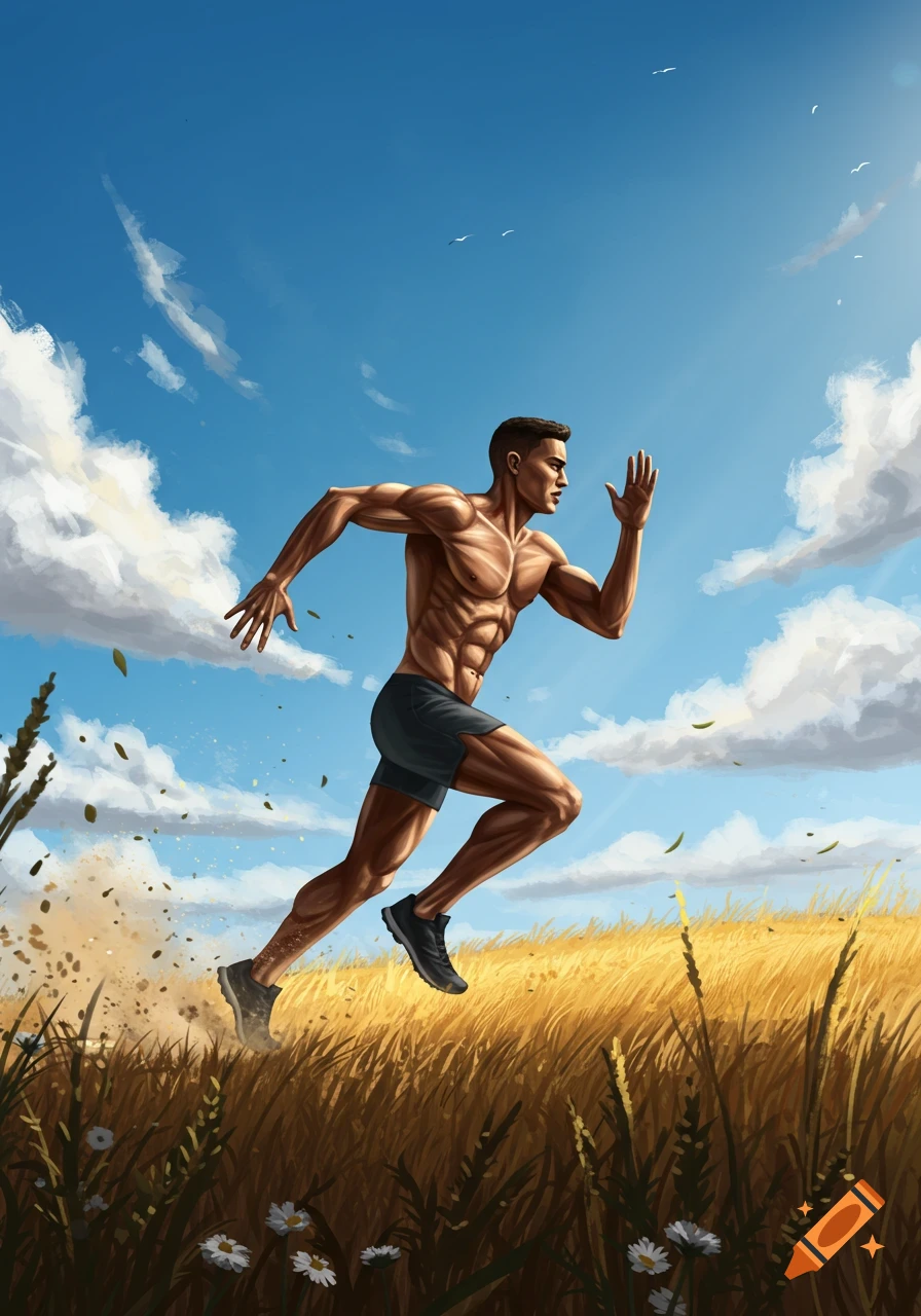A muscular man runs through a golden field under a bright blue sky, in an illustrative style.