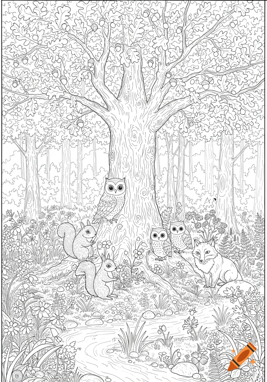 Black and white coloring page of woodland animals: owls, squirrels, and a fox, gathered around an oak tree by a stream.