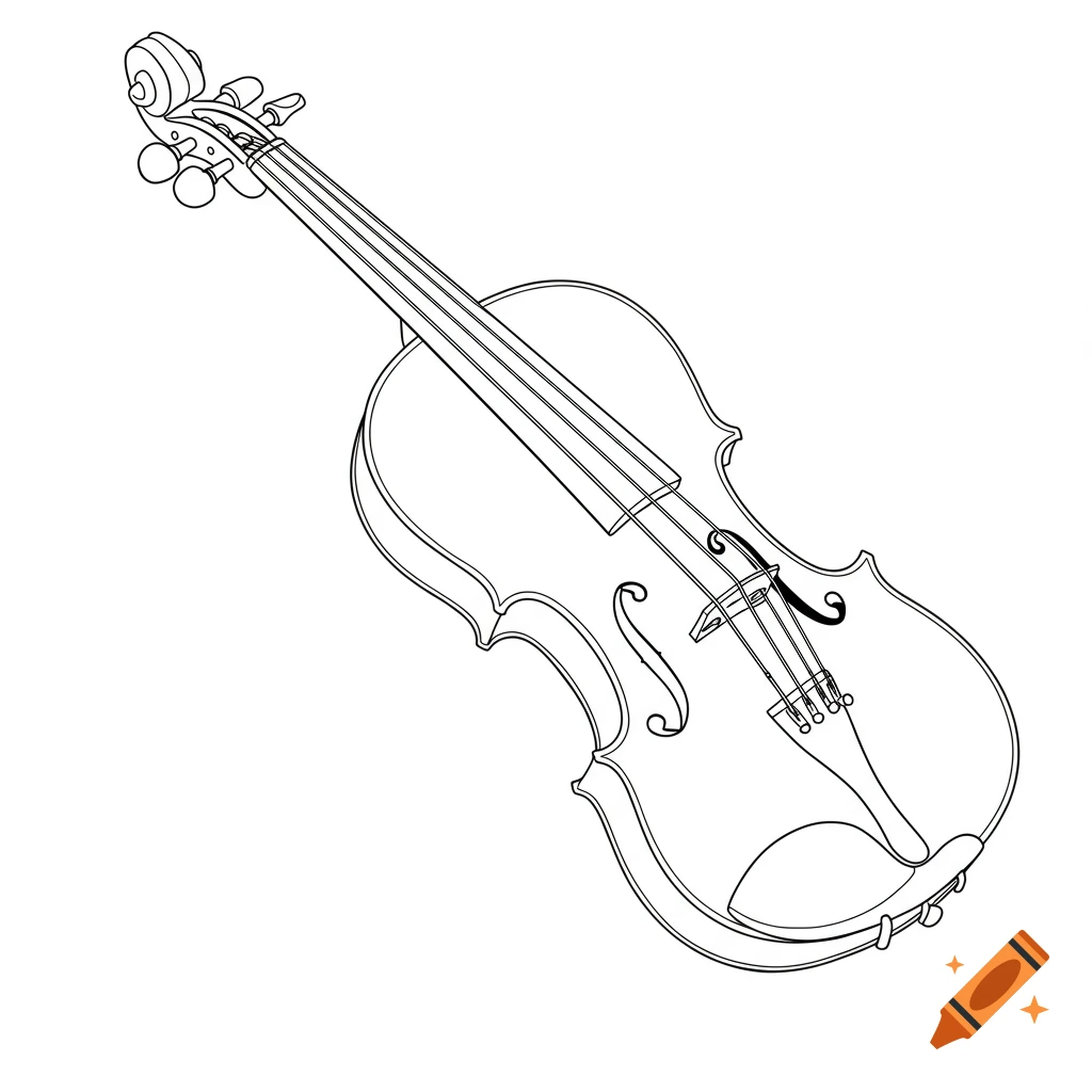 A black and white outline drawing of a violin.