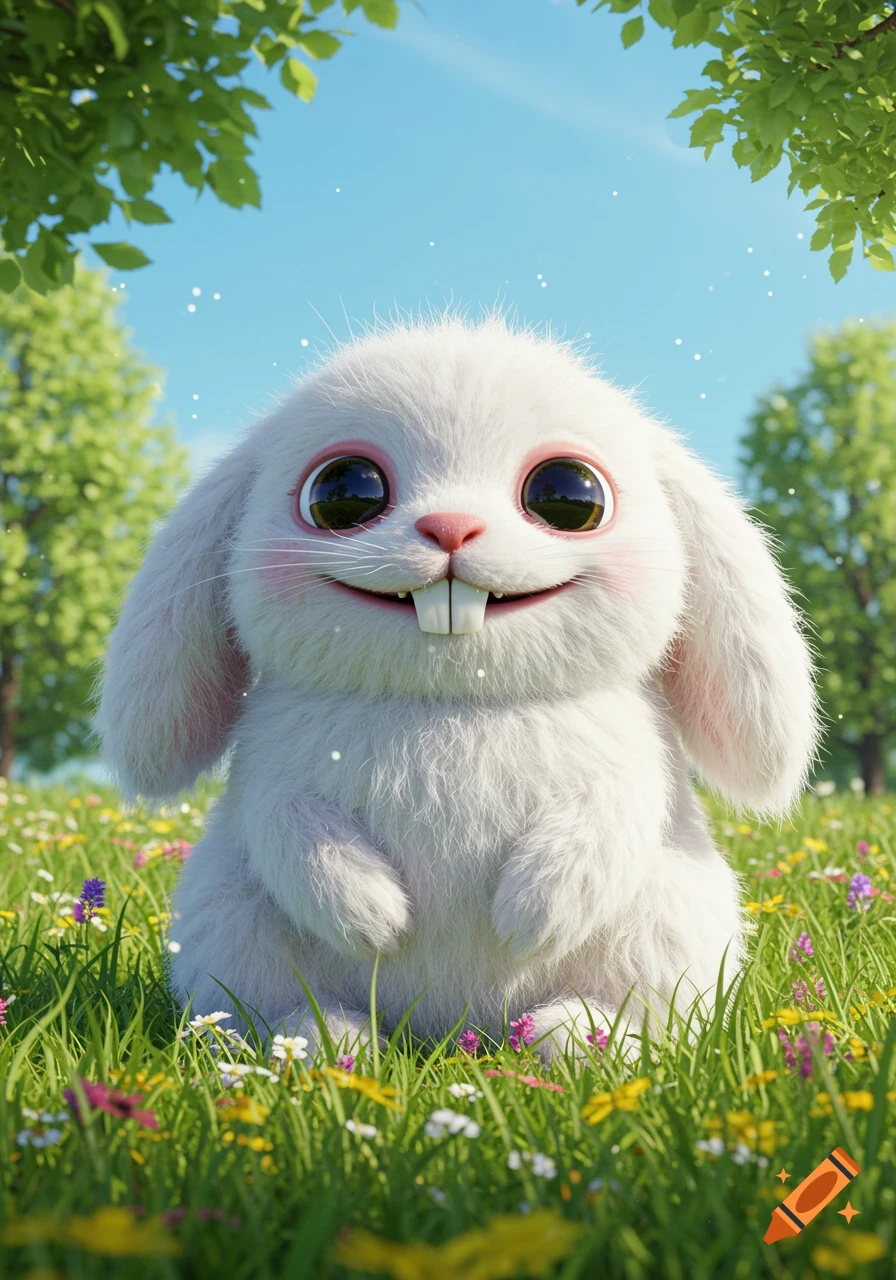 A cute, fluffy white bunny with large eyes and prominent teeth sits in a vibrant field of green grass and wildflowers under a blue sky.