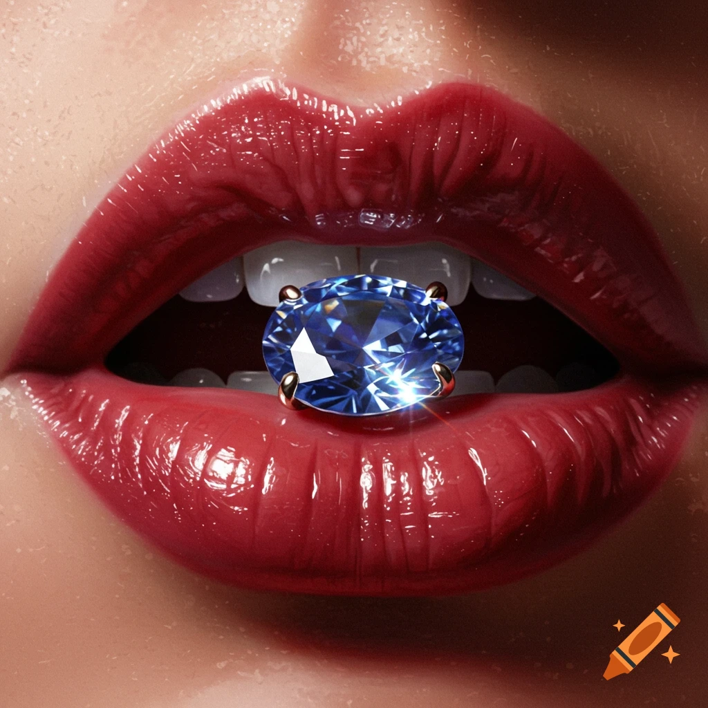 Close-up of glossy red lips holding a sparkling blue oval gemstone between them.