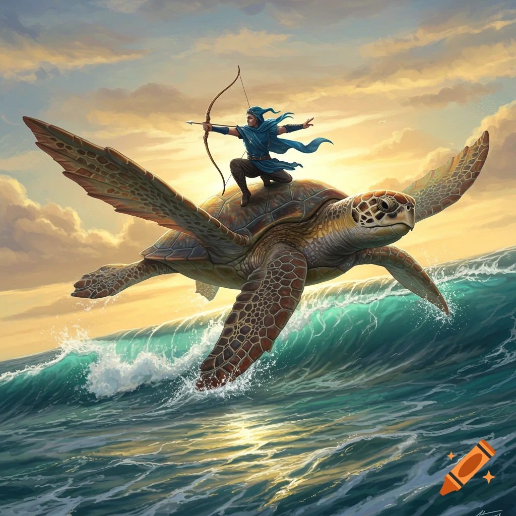 A blue-clad archer rides a giant winged turtle, surfing over ocean waves at sunset in a digital painting.