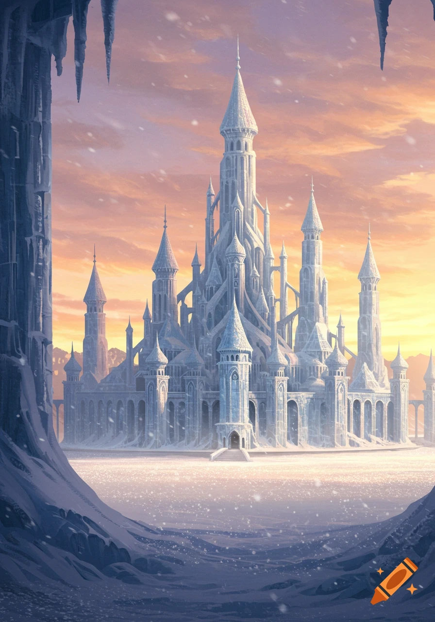 A majestic ice castle with many spires in a snowy landscape under a vibrant sunset sky, with sparkling snow.