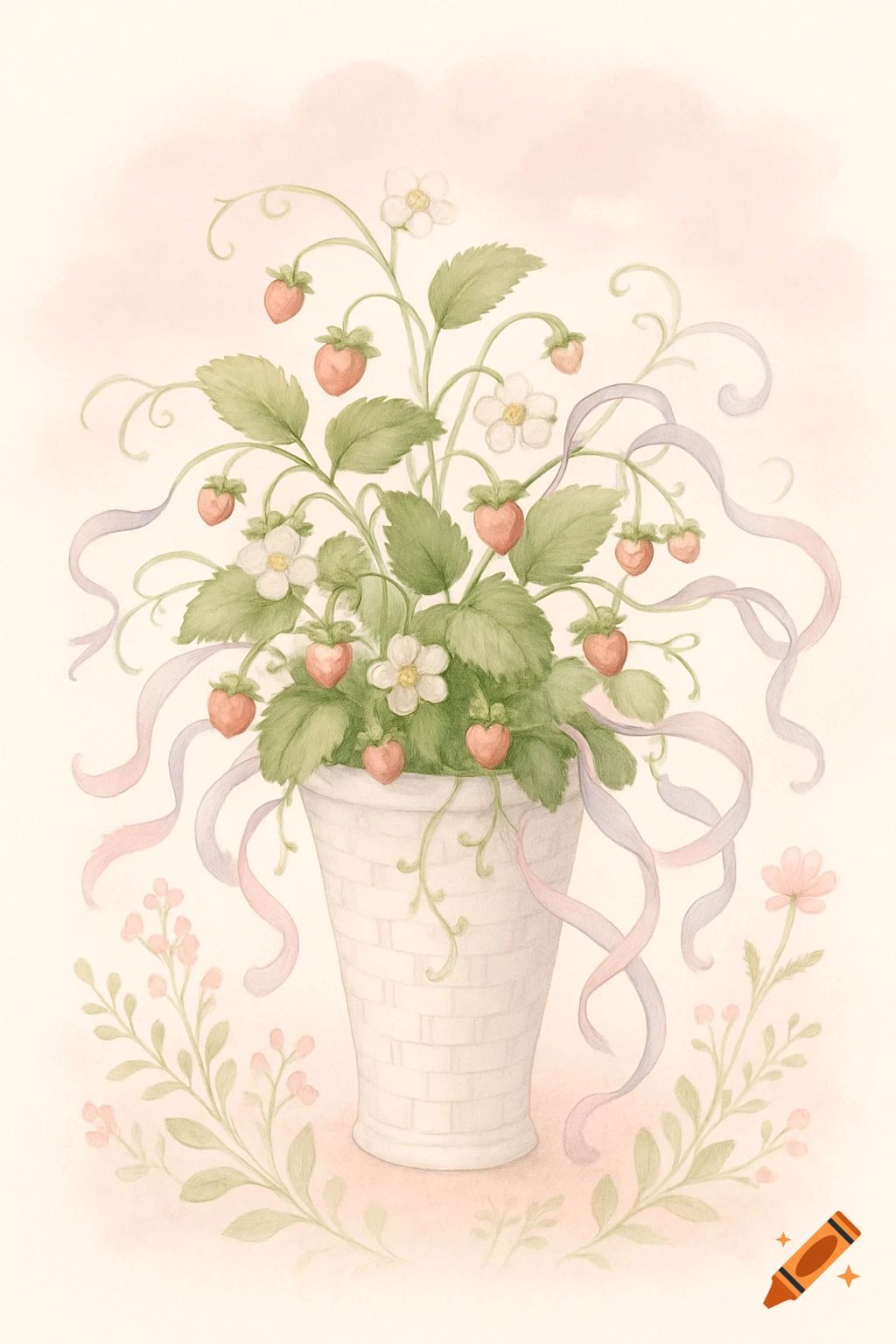 Watercolor illustration of strawberry plants with delicate fruit, flowers, leaves, and pink and lavender ribbons in a white basket.