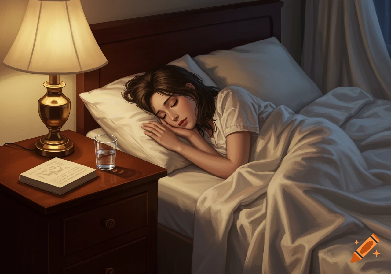 A woman sleeps peacefully in a cozy, dimly lit bedroom, with a lamp, book, and water glass on the nightstand.