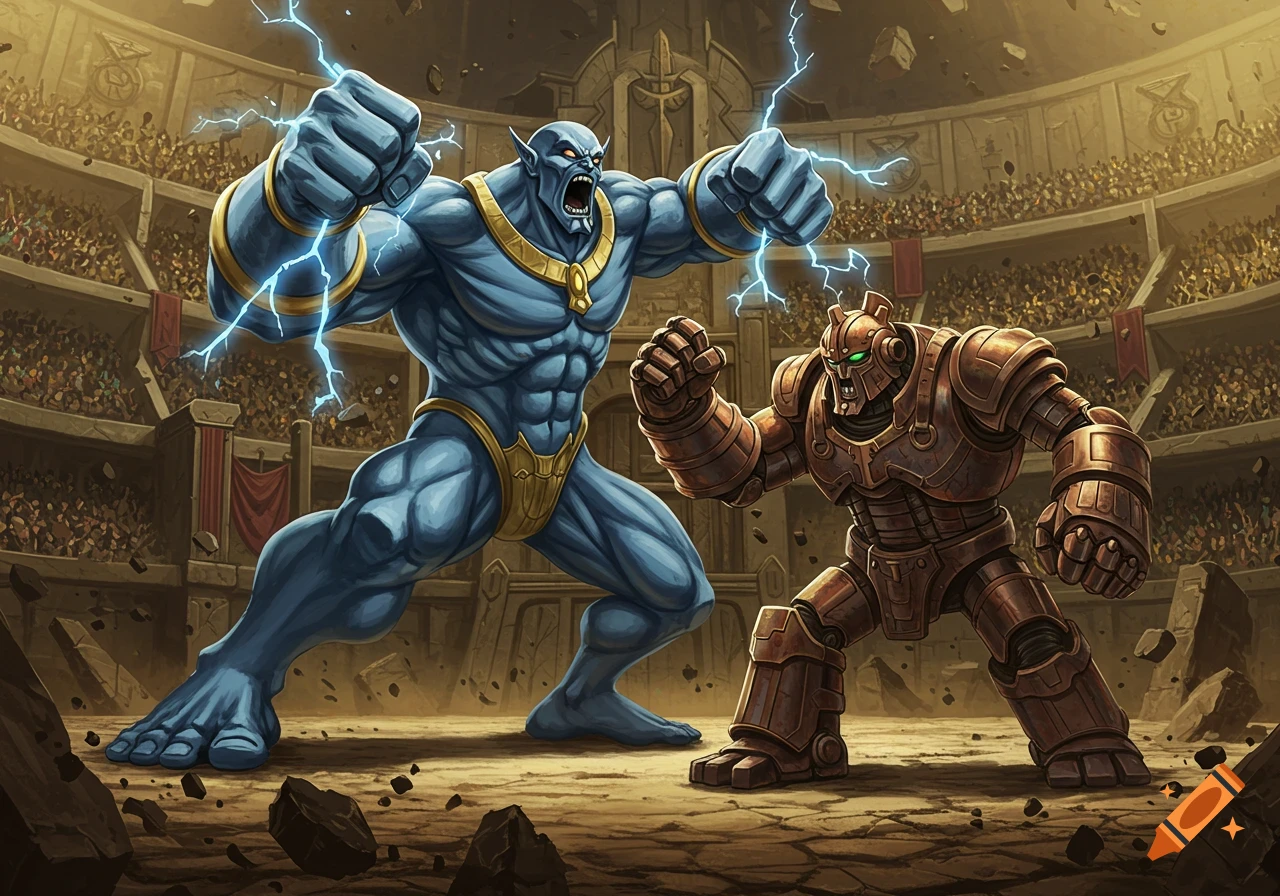 A powerful blue muscular monster with lightning glowing around its fists faces off against a bronze robot in a large arena before a crowd.