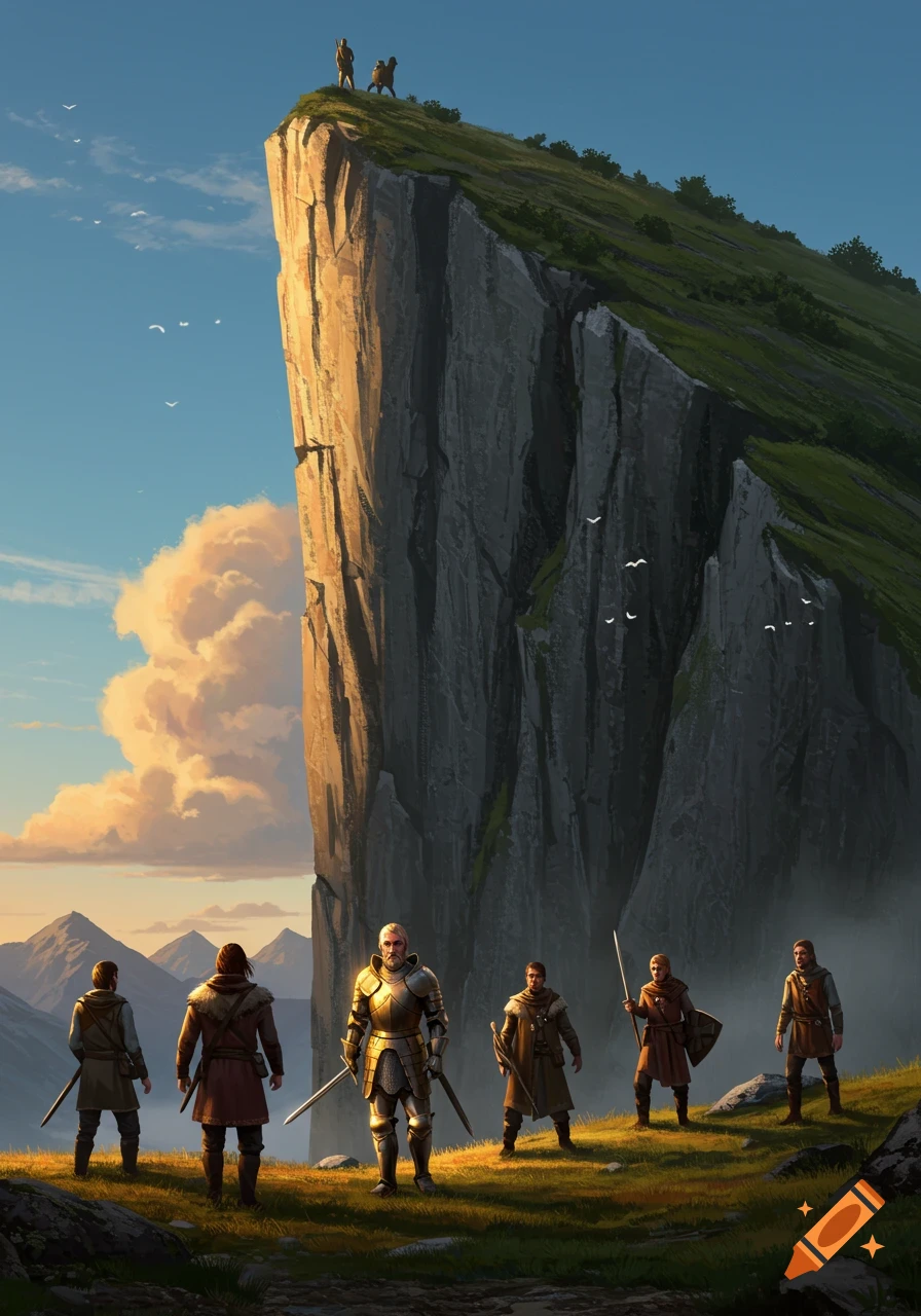 A group of medieval warriors, including one in golden armor, stand before a towering cliff with two figures on its summit, in a fantasy landscape.