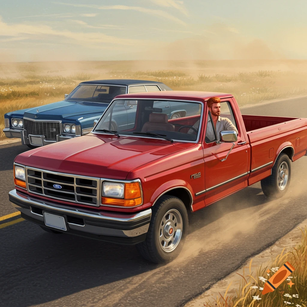 A red 1996 Ford F-150 pickup truck driven by a red-haired man, followed by a blue 1970 Cadillac on a dusty road.