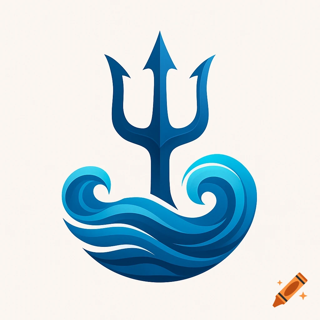 A blue trident symbol emerging from stylized blue waves on a white background.