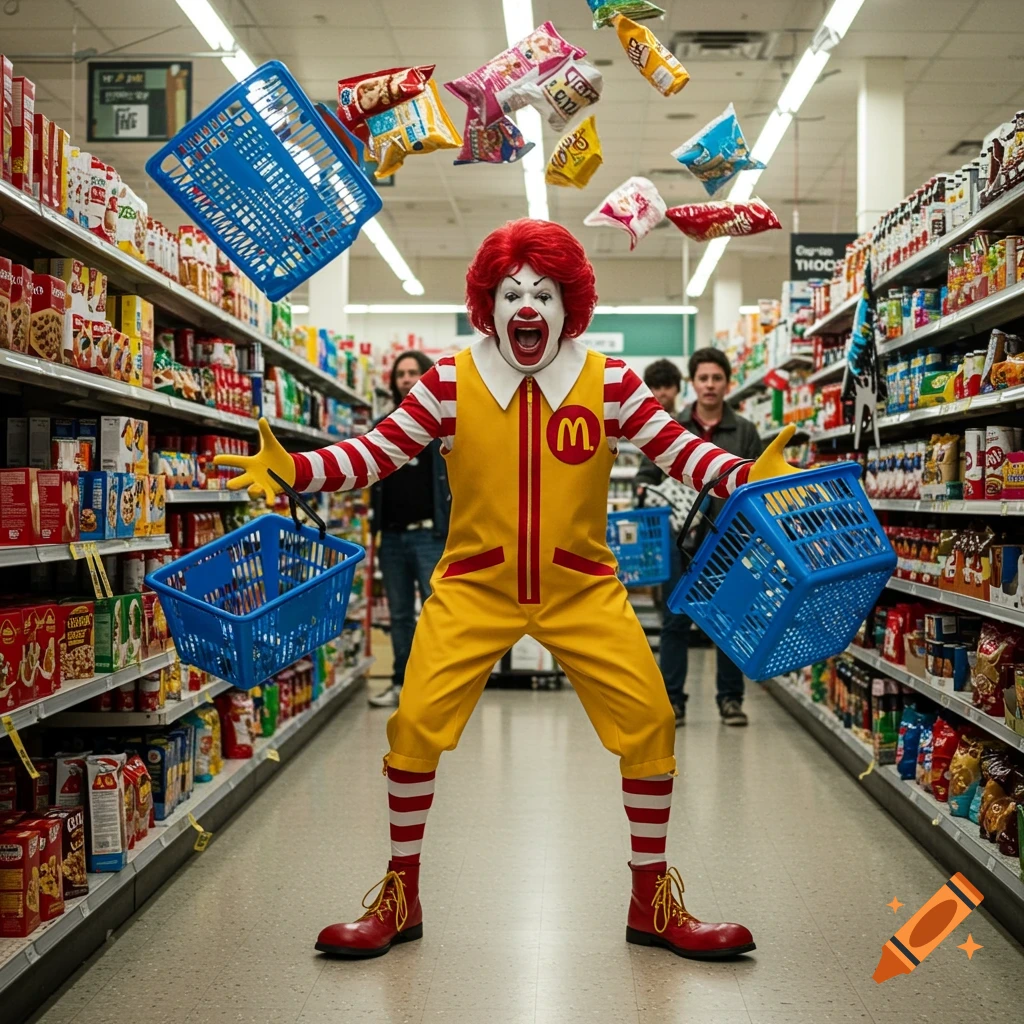 Ronald McDonald in a supermarket aisle with shopping baskets and food items floating around him, as if throwing a tantrum. Two blurry people are in the background.
