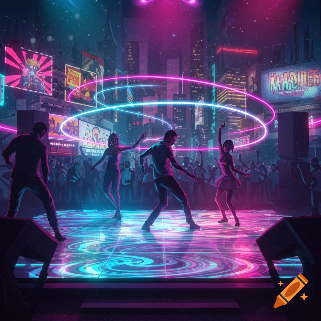 People dance on a glowing floor in a neon-lit futuristic city with vibrant pink and blue lights.