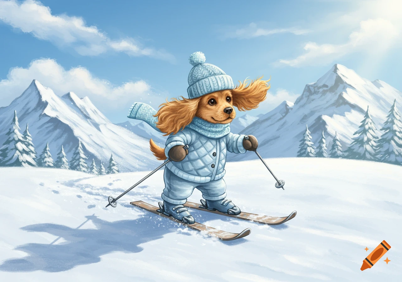 A cute cartoon cocker spaniel dog in a blue winter outfit skiing down a snowy mountain with trees and peaks.