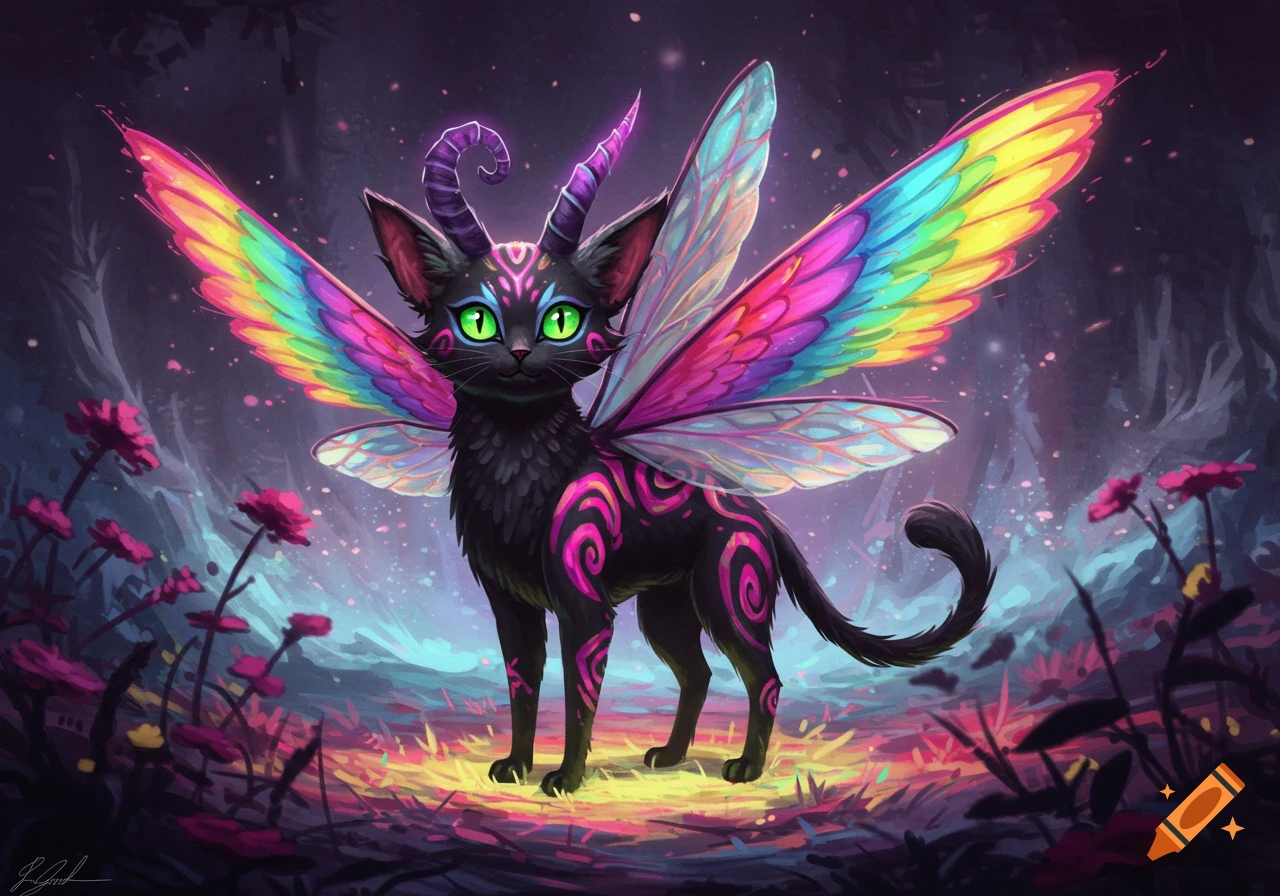 A whimsical black cat-like creature with glowing green eyes, rainbow wings, and curled horns stands in a colorful, bioluminescent forest.