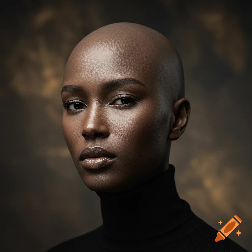 Photorealistic close-up portrait of a bald woman with dark skin wearing a black turtleneck.