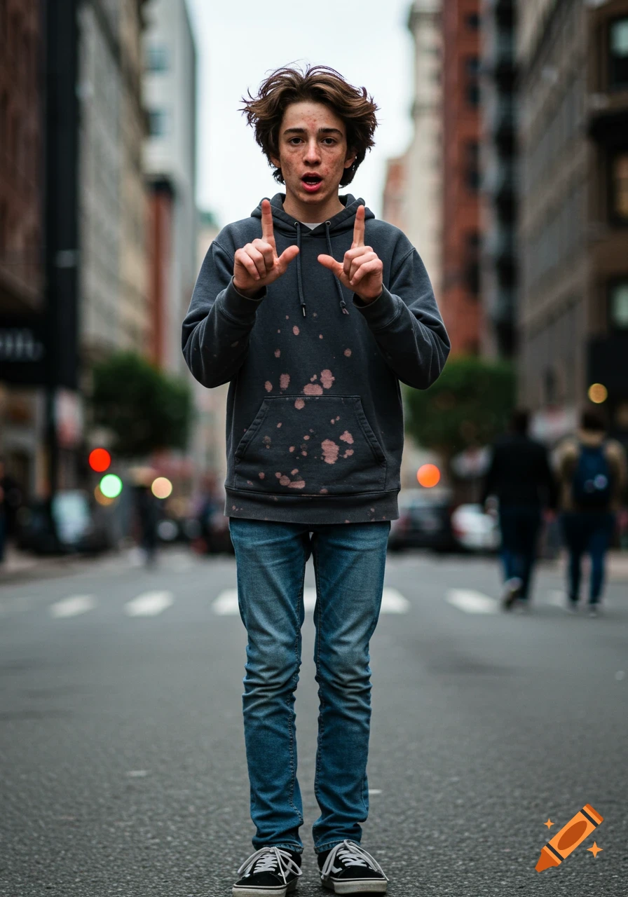 A photorealistic image of a teenage boy with disheveled brown hair and skin discoloration standing in the middle of a city street, wearing a splotchy dark hoodie, blue jeans, and black sneakers, with his hands raised forming L-shapes.