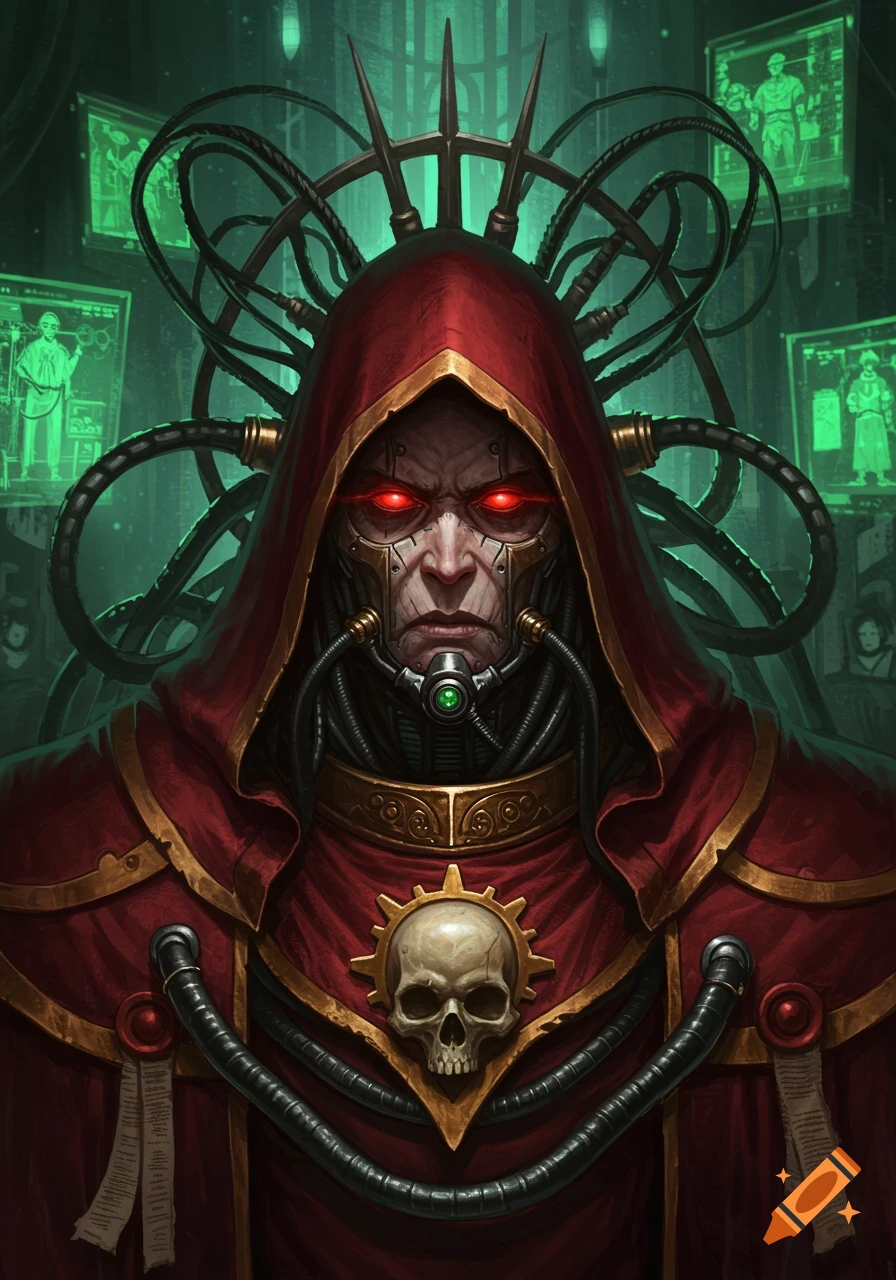 Close-up portrait of a dark, hooded figure with glowing red eyes and cybernetic implants, featuring a skull emblem and pipes, against green holographic screens.