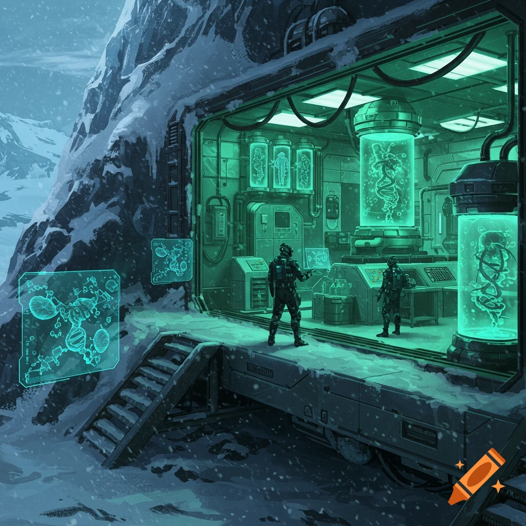 Futuristic lab built into a snowy mountain, with two soldiers observing glowing green tanks containing DNA strands and figures. Digital art style.