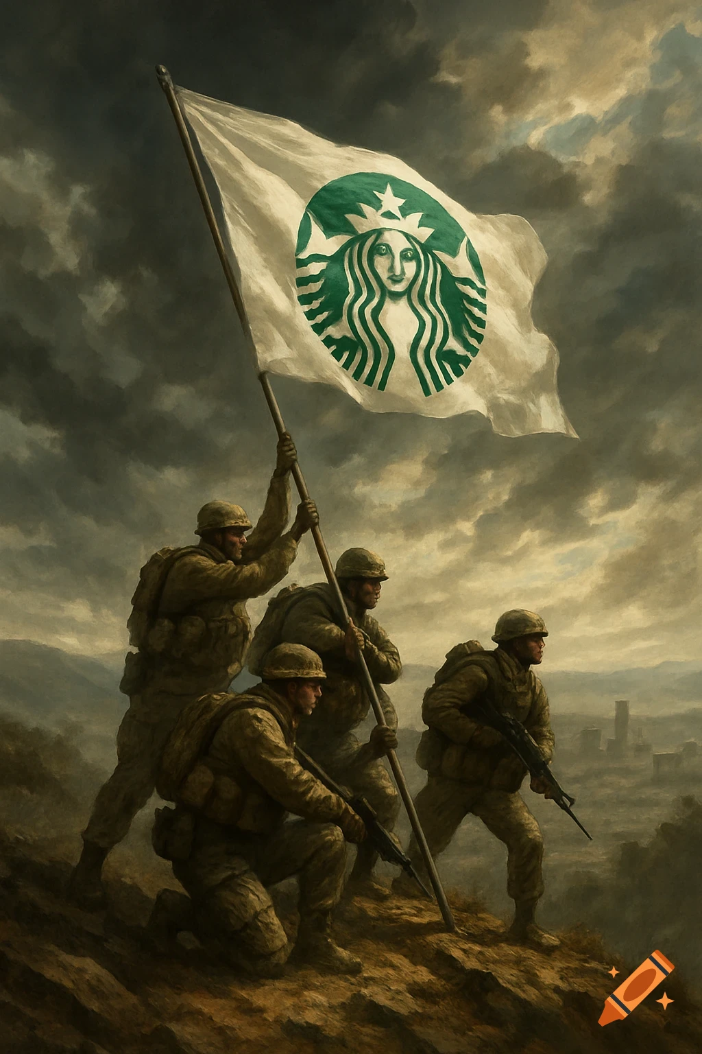 Four soldiers in military fatigues plant a large white flag bearing the green Starbucks siren logo on a rocky hilltop, with a city skyline in the misty distance under a cloudy, dramatic sky.