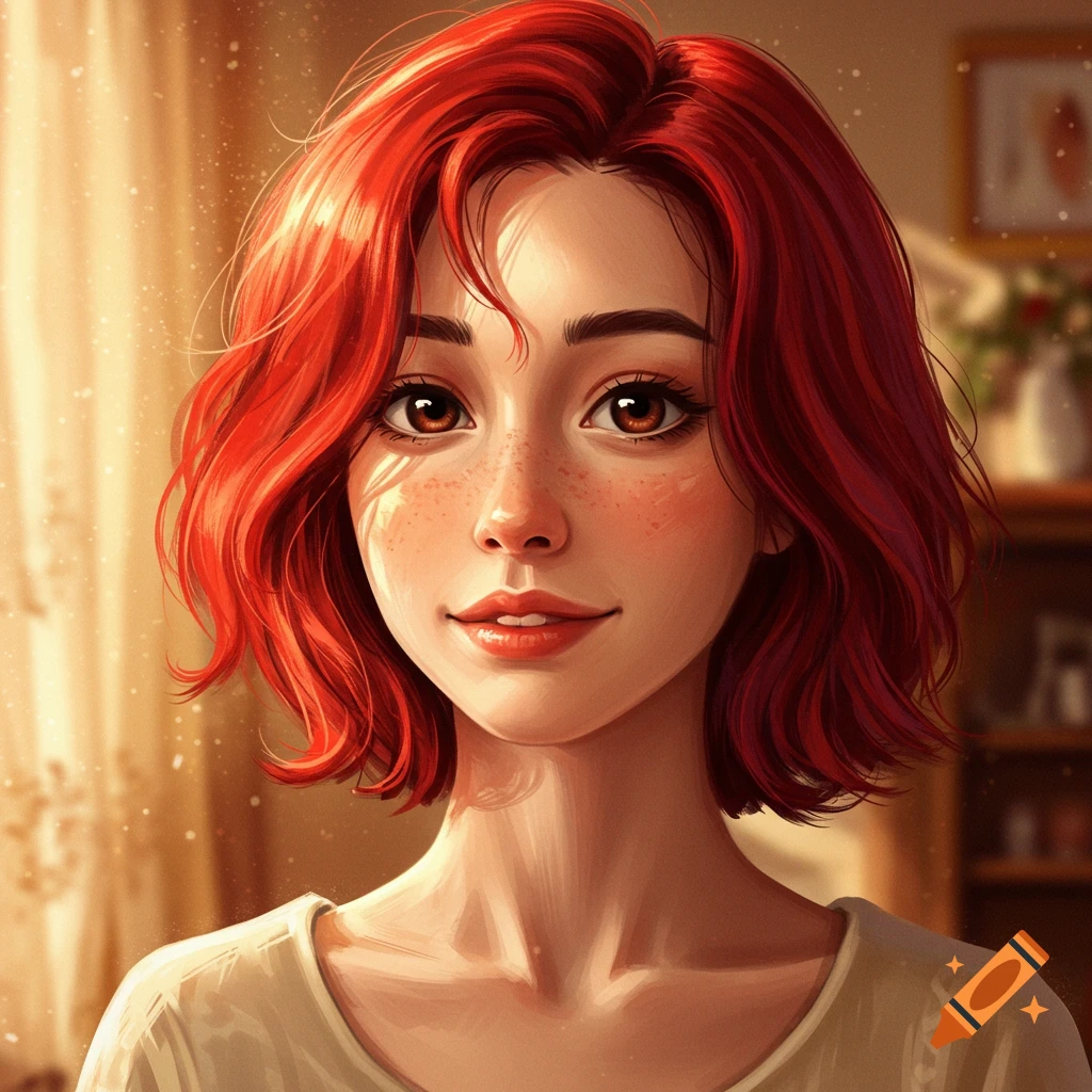A digital art portrait of a smiling young woman with short red hair, brown eyes, and freckles.