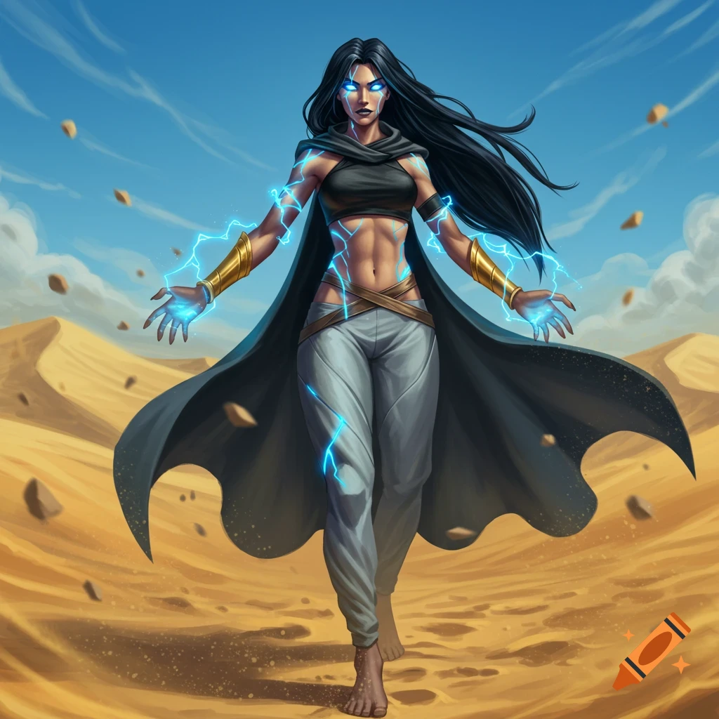 Powerful woman with long black hair, blue eyes, and electricity on her skin, wearing a black crop top and cloak, in a desert.