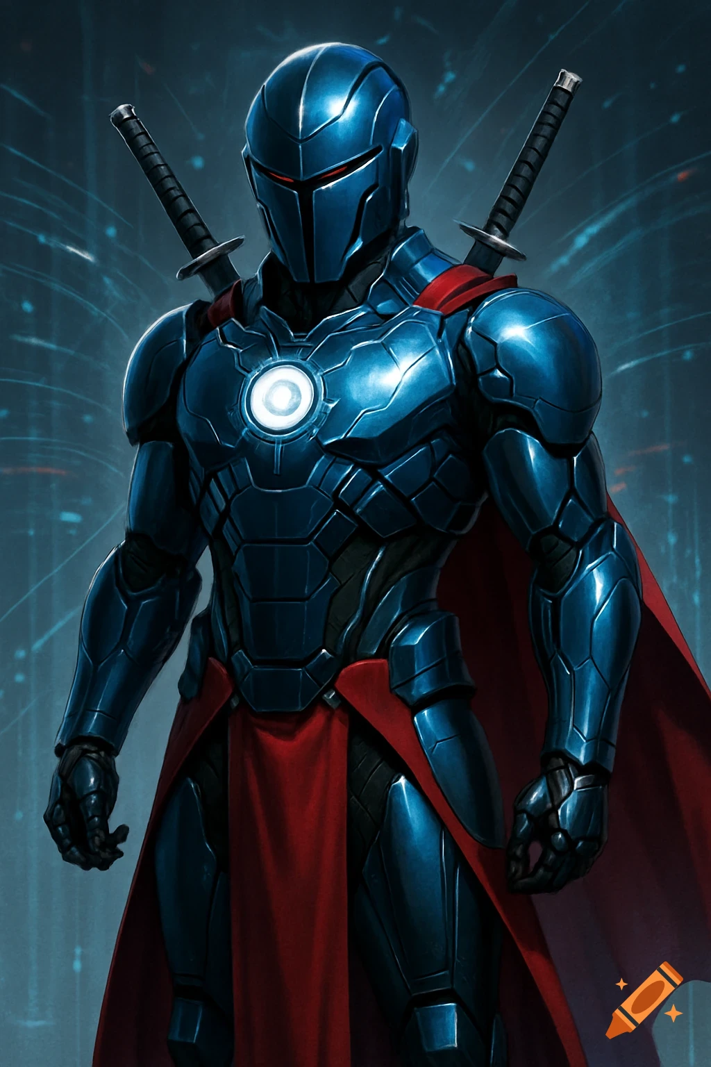 A detailed illustration of a blue high-tech armored knight with a red cape and skirt, glowing chest, and twin katanas.