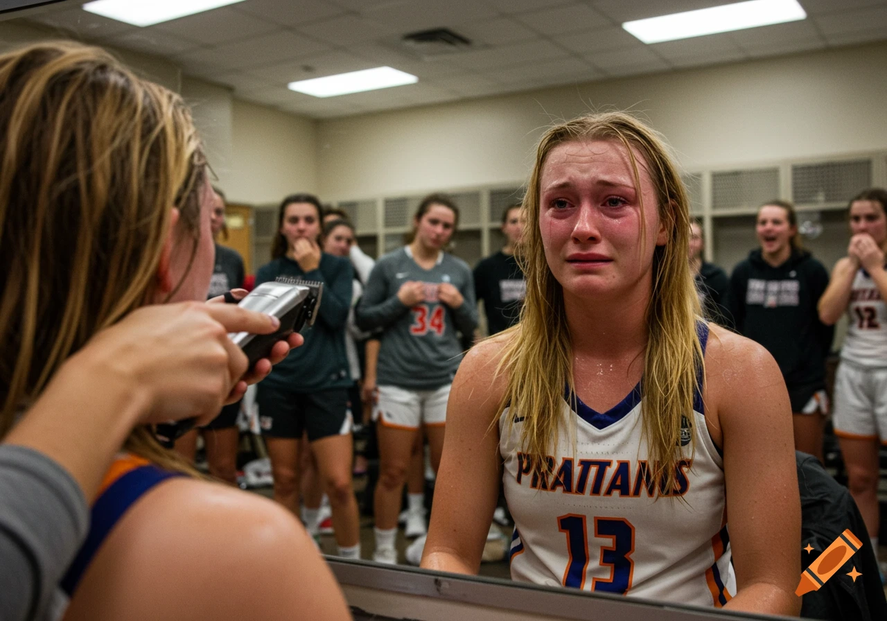 Crying female basketball player watches in a mirror as her long blonde hair is shaved off in a locker room. Photorealistic.