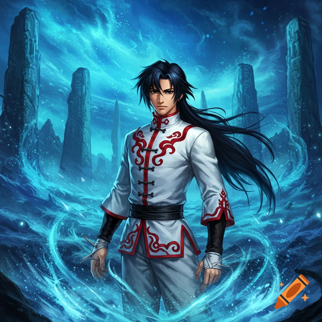 A dark-haired man in a white and red martial arts uniform stands amidst swirling blue energy and stone pillars in a fantasy digital painting.