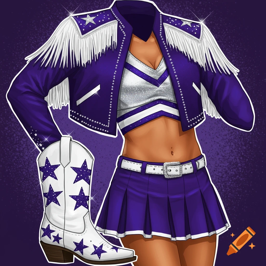 Illustrated purple and white cheerleading-style outfit with a fringed jacket, cropped top, pleated skirt, and a white cowboy boot with purple stars.