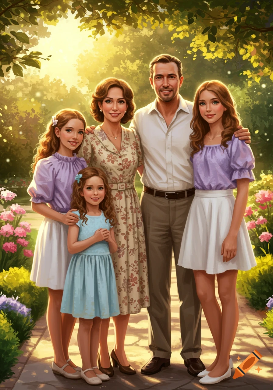 A digitally painted family portrait featuring a mom, dad, and two daughters smiling in a sunny garden.