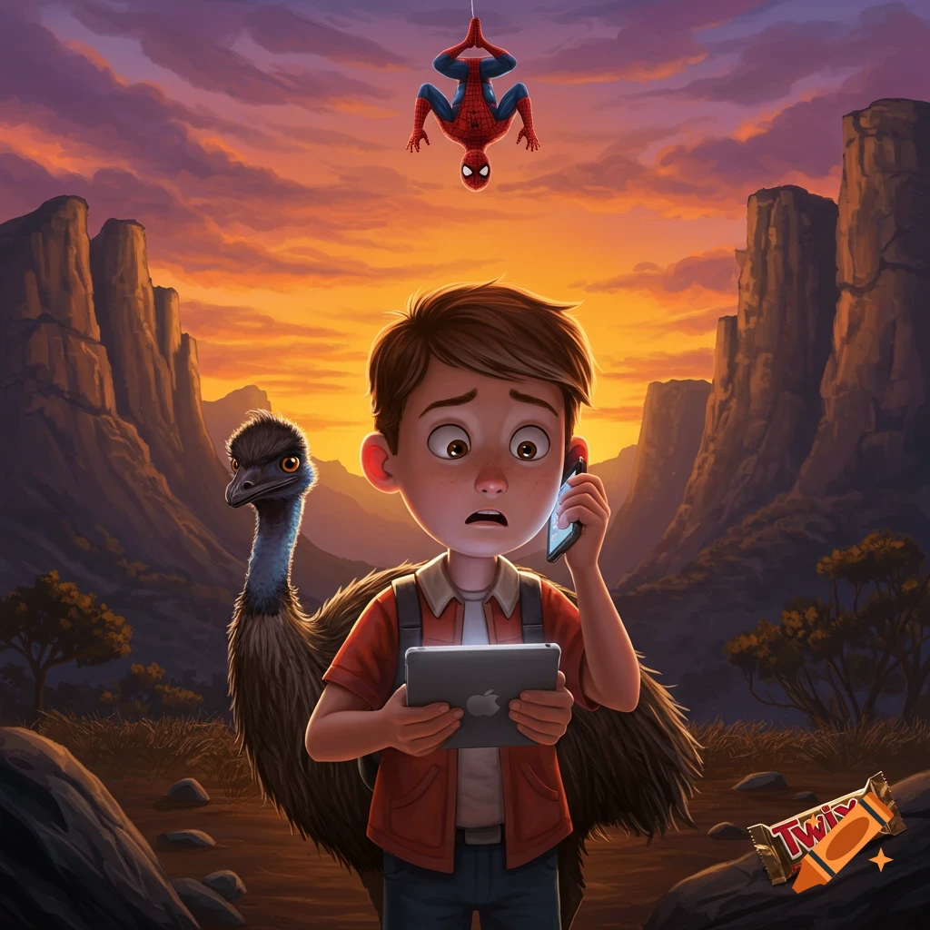 A cartoon boy holds a tablet and phone, looking scared, with an emu behind him, Spider-Man hanging above, and a Twix bar on the ground in a desert sunset.