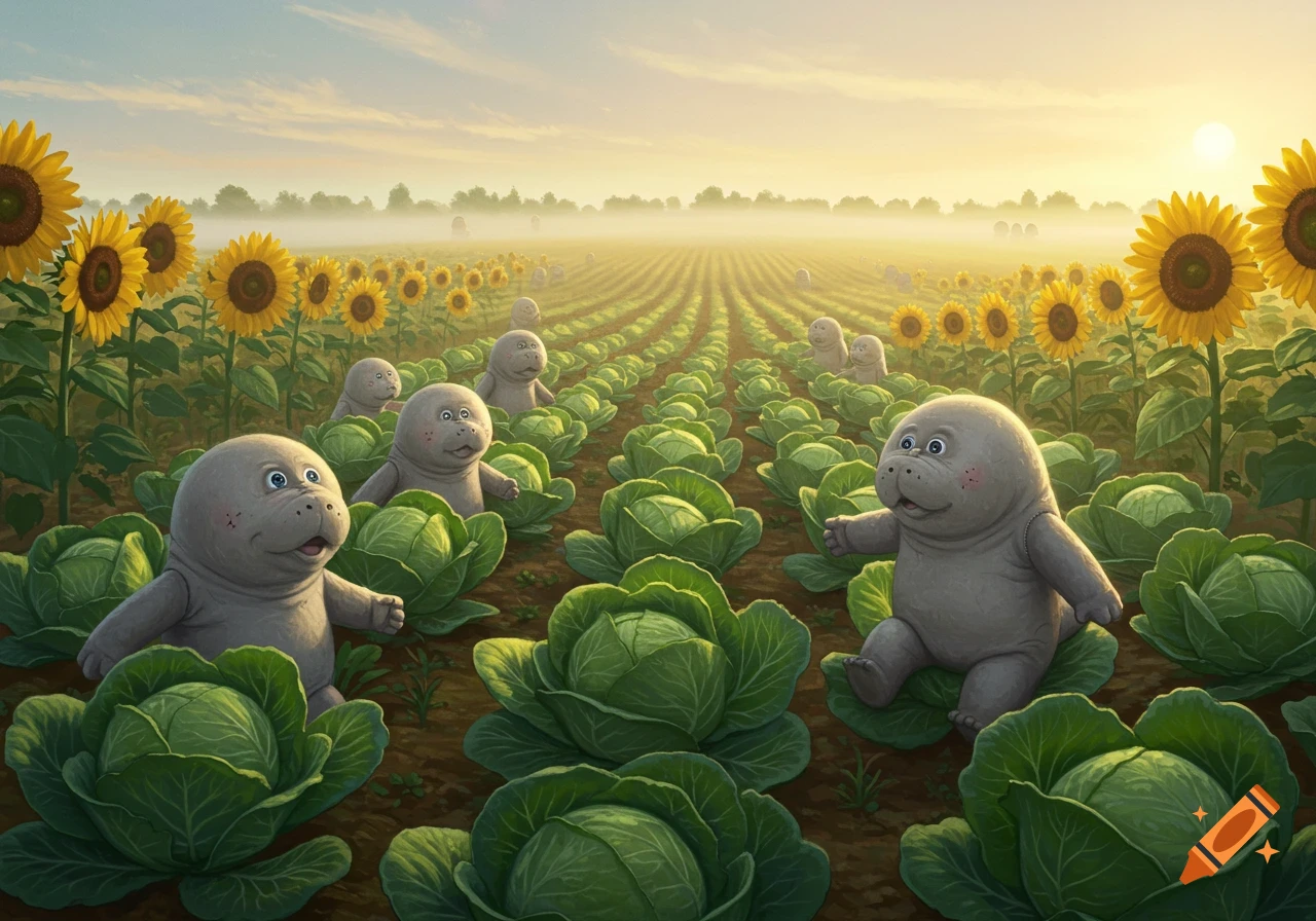 Cartoon manatees with big eyes sitting in a field of green cabbages and yellow sunflowers at sunrise.