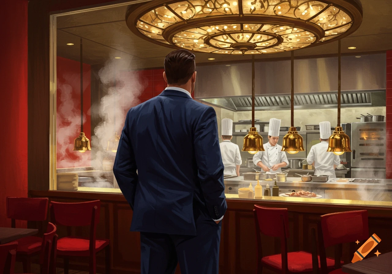 A man in a dark suit stands, viewing a bustling commercial kitchen through a glass window, where chefs are actively cooking.