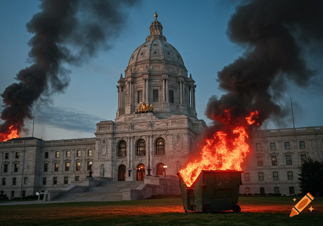 A large dumpster burns in front of the Minnesota State Capitol building at dusk, with smoke rising from both the dumpster and behind the building.