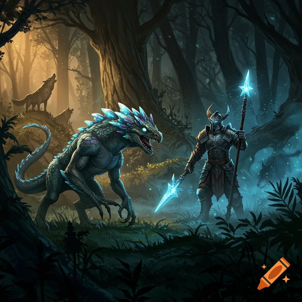A fantasy knight with glowing spears faces a large, scaly beast in a dark forest, with wolves howling.