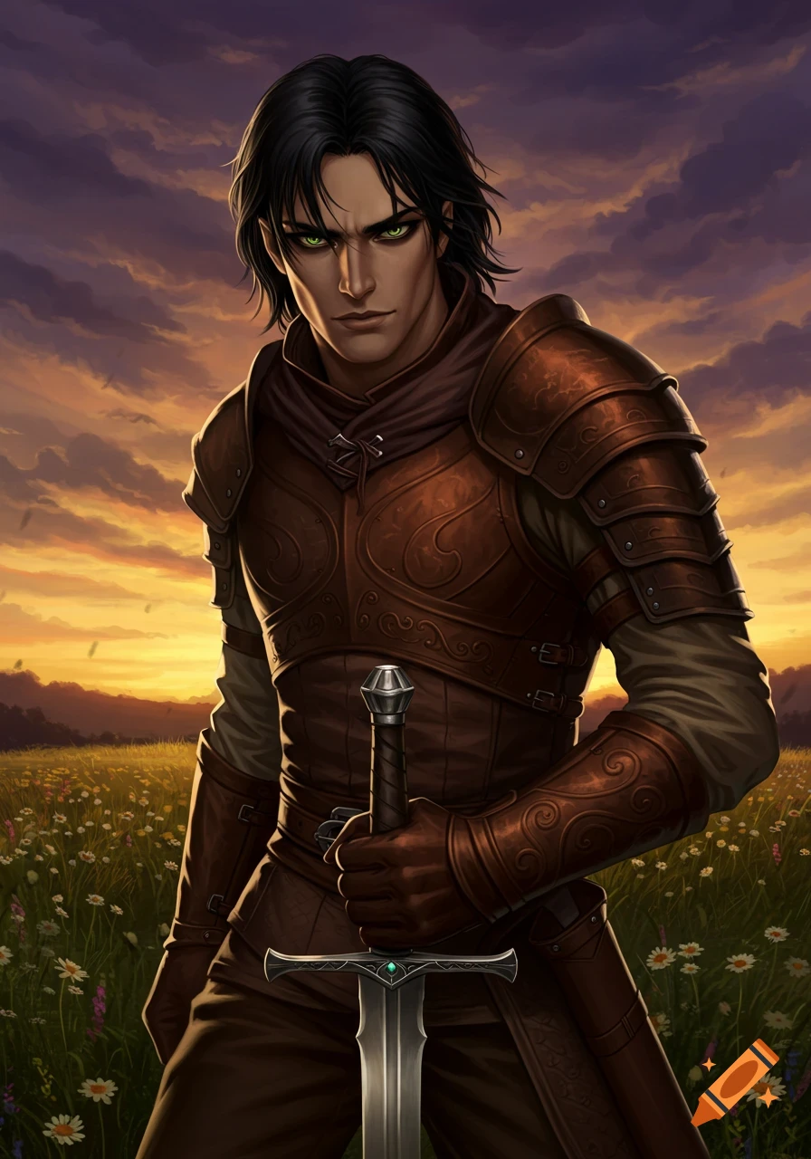 A young man with black hair and green eyes in brown leather armor holds a sword in a field at sunset.